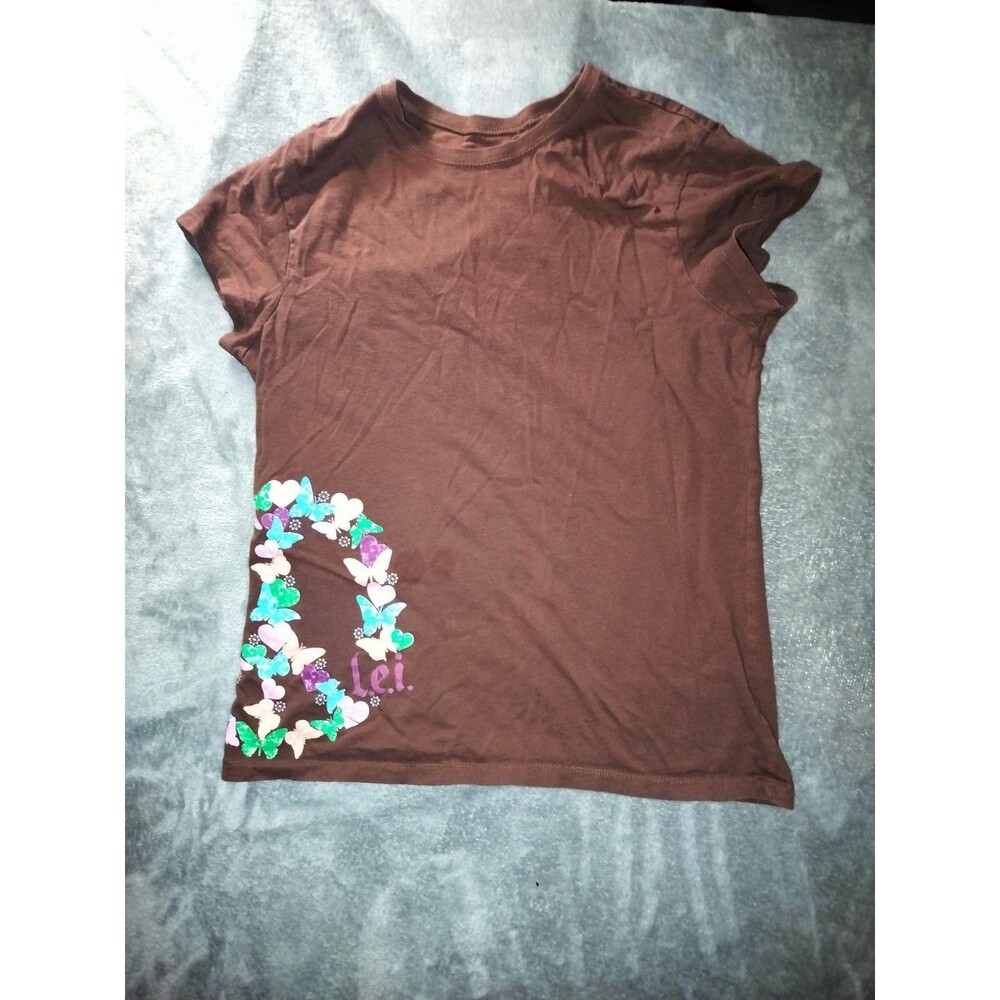 VTG Lei Shirt Womens Size Large Peace Sign Butterflies Brown Short Sleeve Top